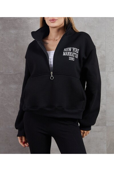 latal Women's Oversized Black Fleece Sweatshirt |   Half Zipper