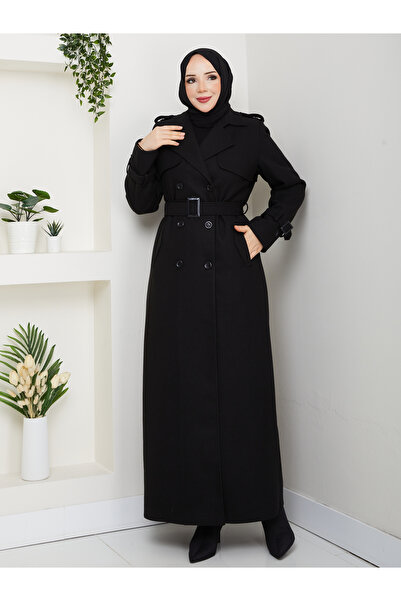 Moda İncir Double-Breasted Collared Coat with Embroidered Embroidery