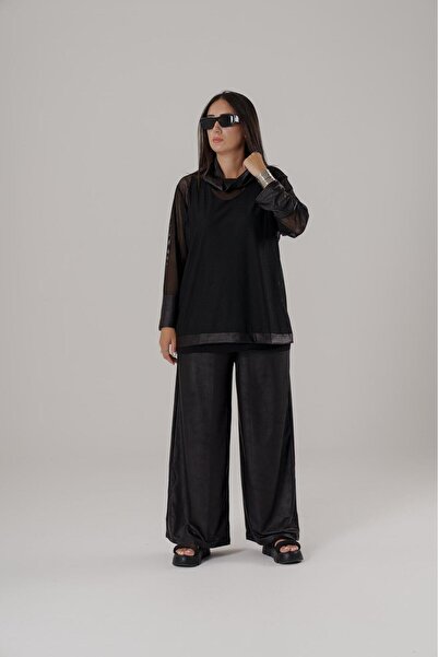 Meryemce İç-Dış File Deri Detaylı Bluz