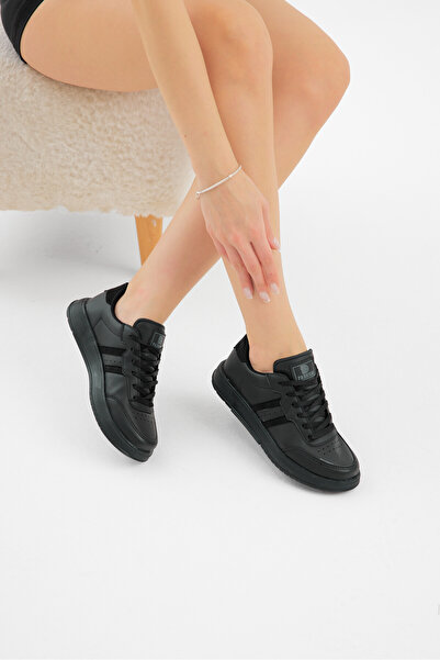 Tonny Black Unisex Black Thick Faylon Light Sole Striped Lace-Up Sports Shoes