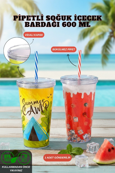 ELDİPA 600 ml Patterned Cold Drink Cup with Straw Coffee Detox Lemonade Hard Plastic, Cup with Lid