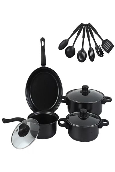 ROVERIM Set of 13 pots with heat-resistant glass lids and utensils, non-stick frying pan