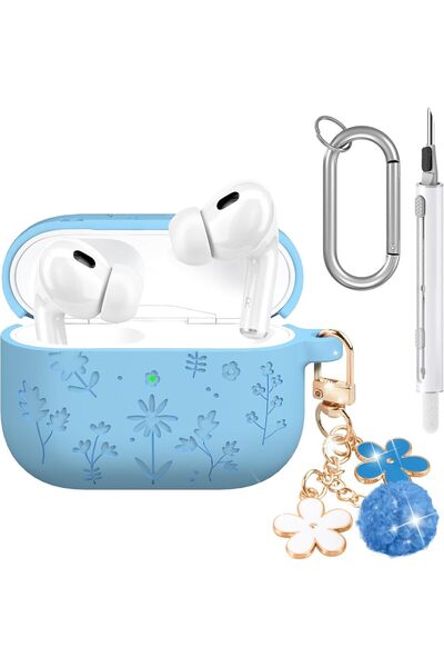 Yelajoy AirPods Pro 3 Case,Cute with Cherry Blossom Keychain&Cleaning Kit,Silicone Shockproof,Light Blue