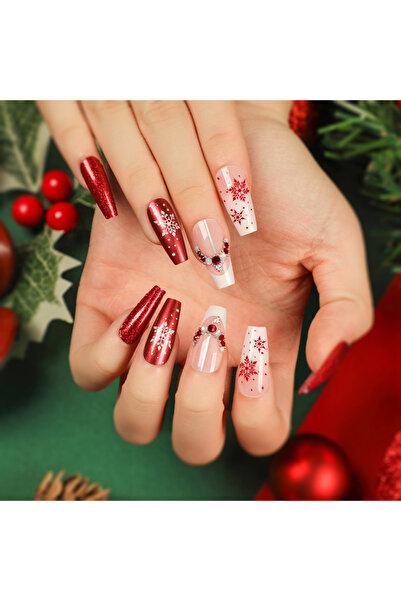 TipsArt Yılbaşı Desenli Kırmızı Simli Kar Desenli Düz Uzun Takma Tırnak Seti (24 Adet)