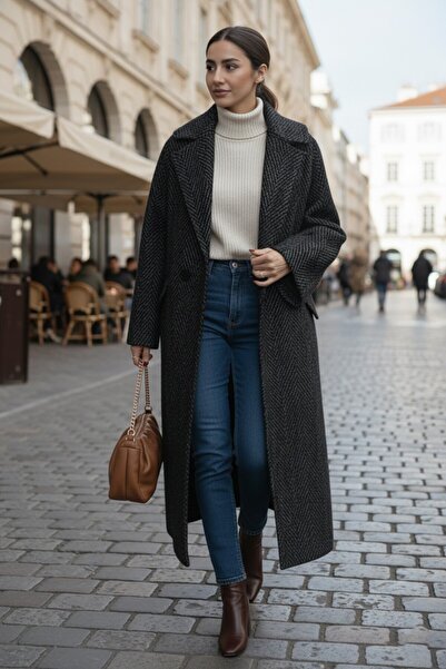 Mothermood Balık Sırtı Desenli Astarlı Kışlık Kadın Uzun Kaşmir Kaban