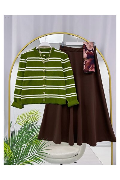 YEDİLALE Stripe Buttoned Knitwear Cardigan Puff Skirt Double Set [Cardigan Is Standard Size, Skirt Is Fitted]