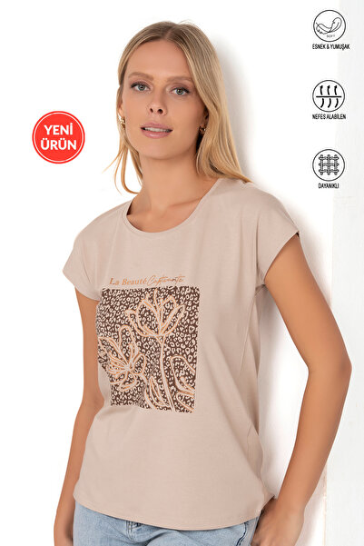 ÖZKAN underwear Özkan 27580 Women Coffee Vorteks Viscose Premium Fabric Printed Short Sleeve Knitted Blouse