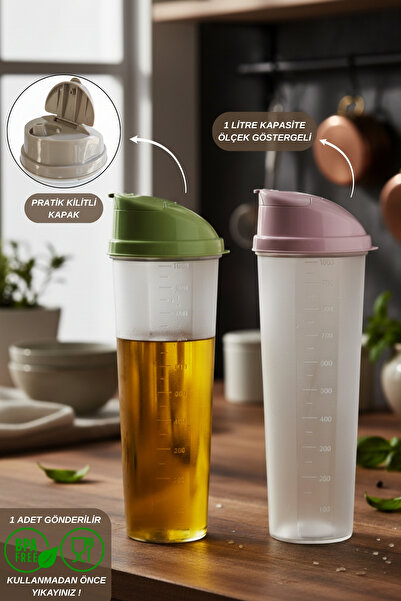 ELDİPA 1 Liter Liquid Oil Container Bpa-Free Colorful Lid Transparent Liquid Oil Container / Sauce Container with Measurement Scale