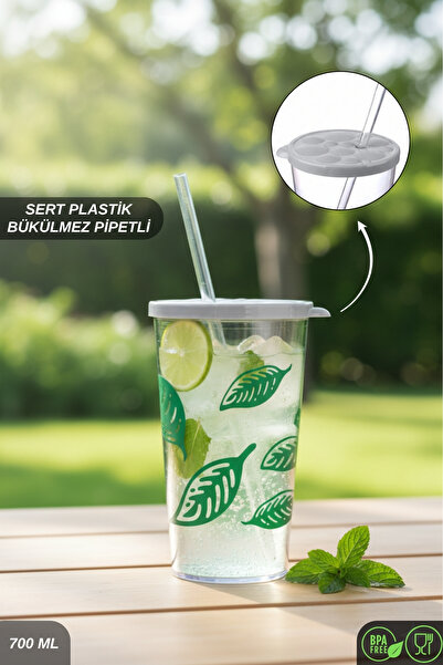 ELDİPA 700 ml Patterned Cold Drink Cup Bpa-Free Hard Plastic Unbreakable Tumbler with Straw Lid
