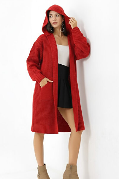 Marvine Women's Red Oversized Pocket Hooded Knitwear Cardigan