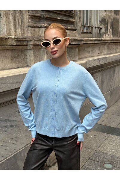Le Savu Trend Model Blue Colored Knitwear Fabric Button Detailed Cardigan