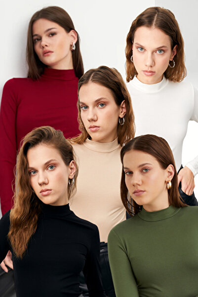 Bipantolon Women's Black Cream White Burgundy Khaki 5-Piece Half Turtleneck Basic Bodysuit