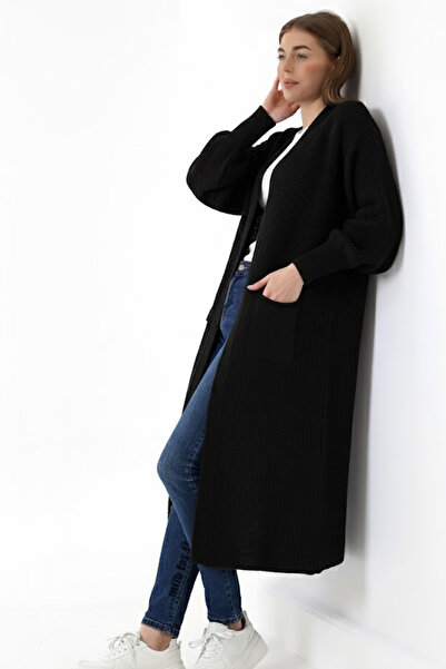Marvine Women's Black Long Pocketed Oversized Model Knitwear Cardigan