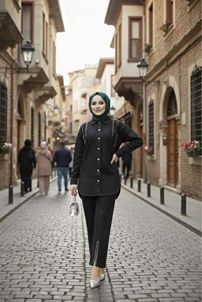 Hb Harma Time Butik Women's Denim Jacket Pants Two-Piece Denim Black Set