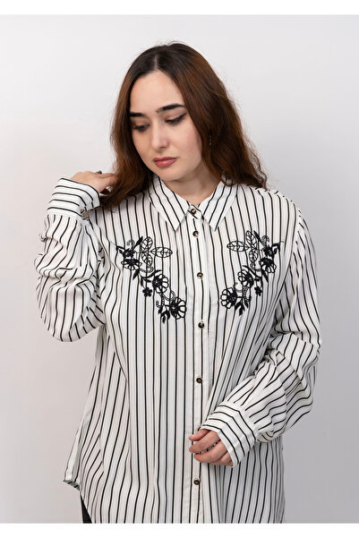 LINELLE Ladies Co-Ord Set – Soft Crepe Black and White Stripe Shirt with Floral Embroidery and Solid Pant