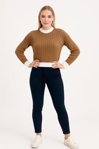 HİRA LİFE FASHİON Pulover scurt pentru femei, guler rotund Fitili și detaliu ...