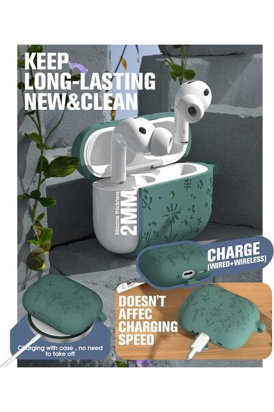 Yelajoy AirPods Pro 3 Case,Cute with Cherry Blossom Keychain&Cleaning Kit,Silicone Shockproof,Pine Green