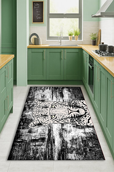 Kessy Home Studio Leopar Temalı Mutfak Halısı Dijital Baskı Kaymaz Taban Halı Makinede Yıkanabilir Halı Koridor Halısı