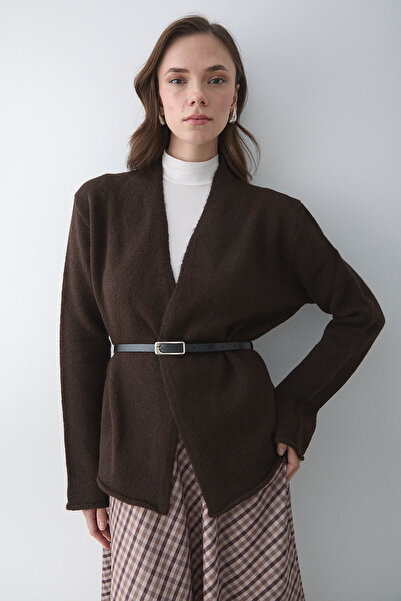 Laluvia Dark Brown Belted Cardigan - 241084