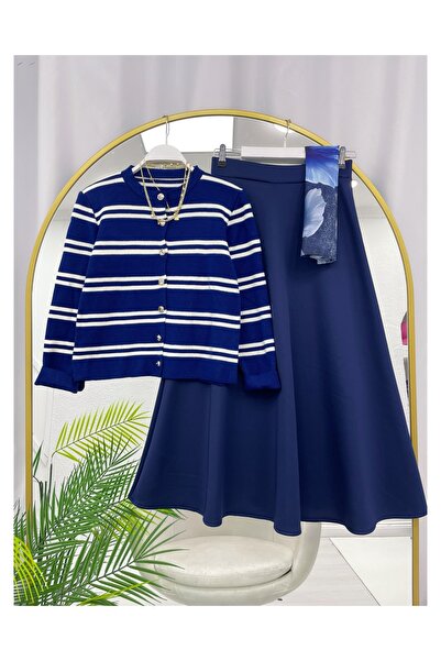YEDİLALE Stripe Buttoned Knitwear Cardigan Puff Skirt Double Set [Cardigan Is Standard Size, Skirt Is Fitted]