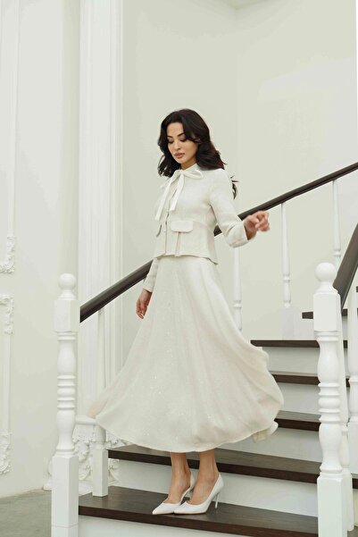 Serica Moda Ecru Bow Collar Detailed Sequined Jacket Skirt Set