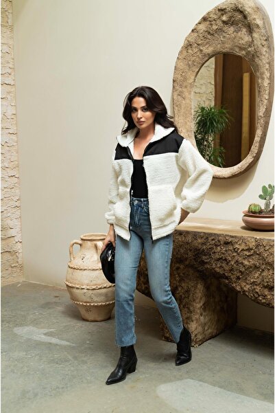 Serica Moda Ecru Garni Detailed Zippered Plush Coat