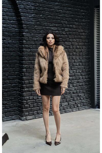 Serica Moda Camel Patterned Lined Premium Faux Fur Coat