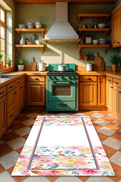 Kessy Home Studio Çicek Desenli Mutfak Halısı Dijital Baskı Kaymaz Taban Halı...
