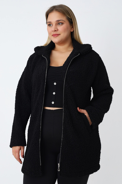İntensive Women's Plus Size Black Zipper Pocket Soft Teddy Plush Long Sleeve Cardigan