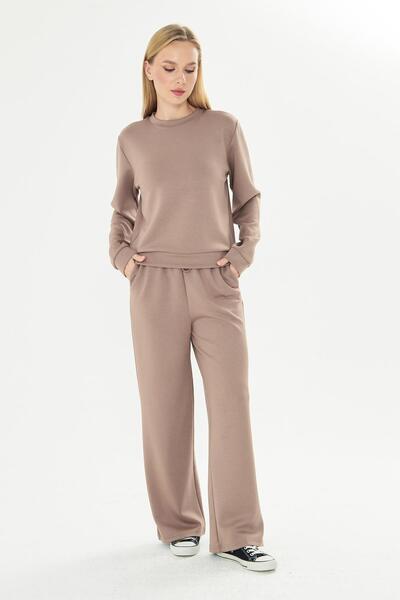 TRENDHİLL Women's Modal Fabric Comfortable Fit Tracksuit Set A.Brown 8510-A.K