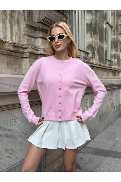 Le Savu Trendy Model Pink Colored Knitwear Fabric Button Detailed Cardigan