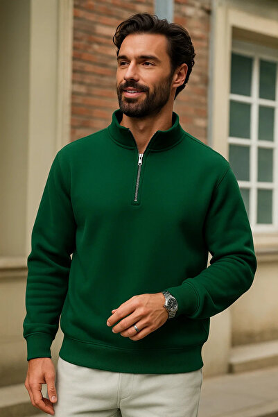 DAMGA JEANS Ανδρικό χειμερινό πράσινο φούτερ με oversized φερμουάρ