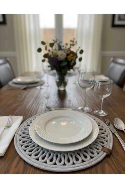 MTG JÜT TASARIM Açık Gri Yuvarlak Model Desenli Jüt Amerikan Servis (Supla) –...