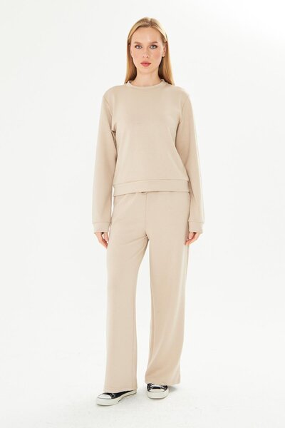 TRENDHİLL Women's Modal Fabric Comfortable Fit Tracksuit Set Beige 8510-B
