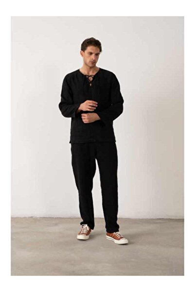 İpekçi Otantik Keten Yakası Bağcıklı Uzun kollu Erkek Tişört