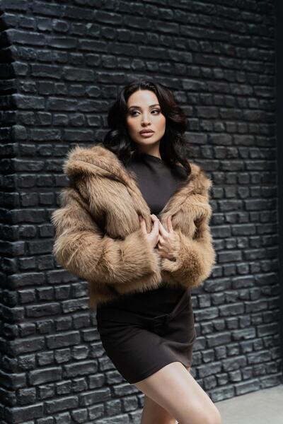 Serica Moda Camel Patterned Lined Premium Faux Fur Coat