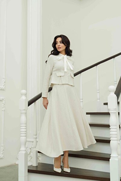 Serica Moda Ecru Bow Collar Detailed Sequined Jacket Skirt Set