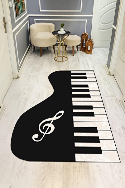 Dolce Mariee Piano Desenli Lazer Kesim Dijital Baskı Kaymaz Taban Halı H0448