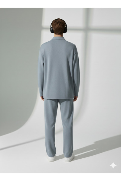 ribana Unisex Wrinkled Fabric Polo Collar Zippered Pocket Elastic Waist Top and Bottom Set