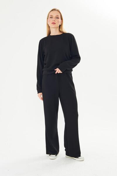 TRENDHİLL Women's Modal Fabric Comfortable Fit Tracksuit Set Black 8510-S