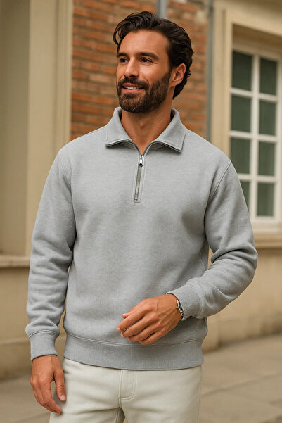 DAMGA JEANS Erkek Kışlık Gri Oversize Fermuarlı Sweatshirt