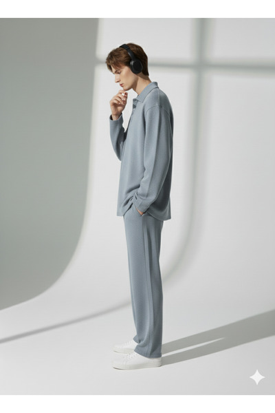 ribana Unisex Wrinkled Fabric Polo Collar Zippered Pocket Elastic Waist Top and Bottom Set