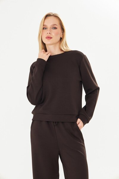 TRENDHİLL Women's Modal Fabric Comfortable Fit Tracksuit Set Brown 8510-K