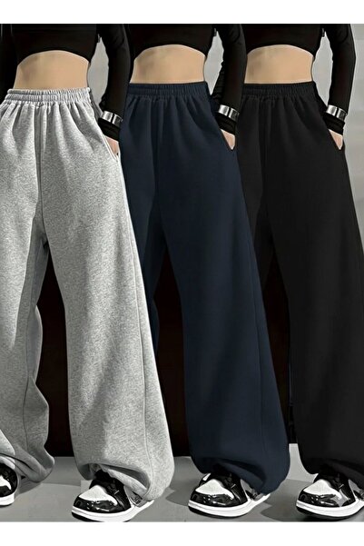 DEEP FİT DÖRT MEVSİM GİYİLEBİLEN ÜÇ ADET SİYAH GRİ LACİVERT DÜZ PAÇA BOL EŞOFMAN ALTI