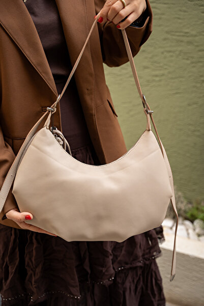 LAMİNTA Pliga Beige Leather Women's Shoulder Bag