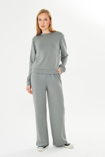 TRENDHİLL Women's Modal Fabric Comfortable Fit Tracksuit Set Khaki 8510-H