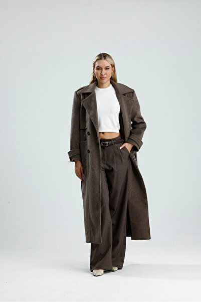 GACA COLLECTION DİSERE Belden Bağlamalı Kadın Uzun Kahverengi Astarlı Kaban