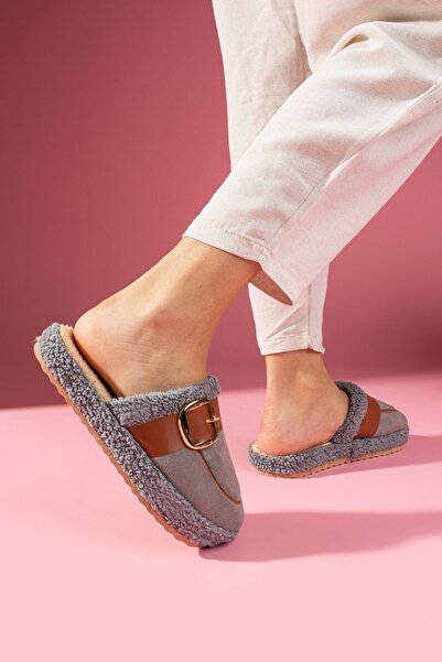 FUGA MODA Puffita Gray Gold Buckle Belted Silent Sole House Slippers with Saddle Detail