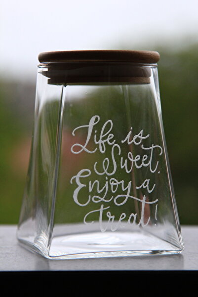 Astrid Deco Glass jar with bamboo lid, for sweets, engraved with a message