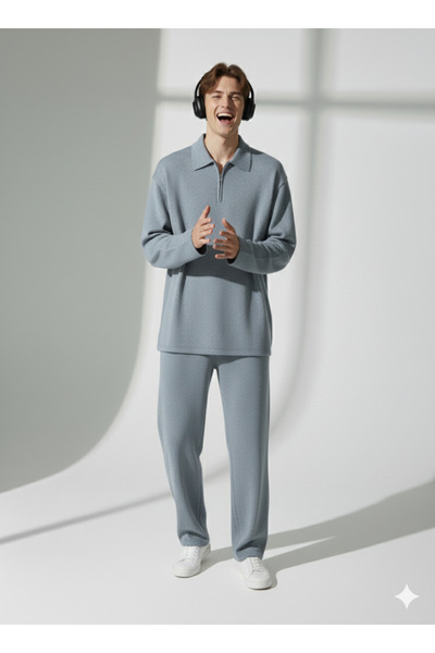 ribana Unisex Wrinkled Fabric Polo Collar Zippered Pocket Elastic Waist Top and Bottom Set